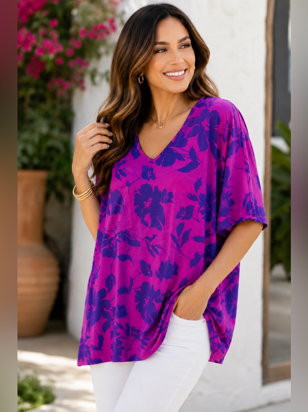 ✨ Mint Julep Boutique Pink Purple Chiffon V-Neck Blouse Oversized Flowy S NWT